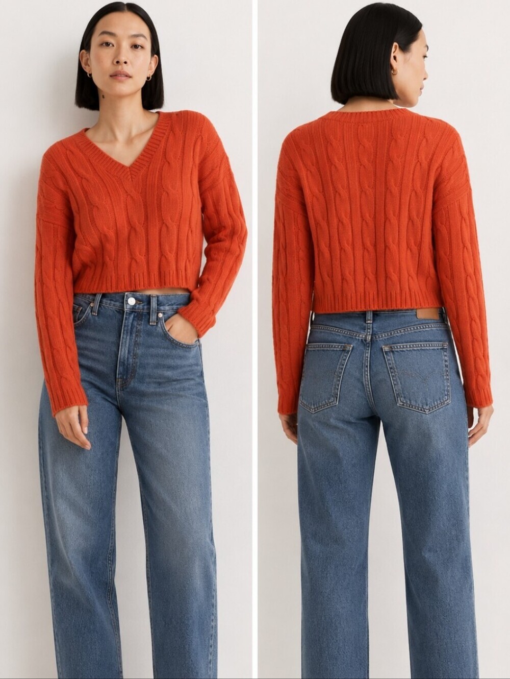 Madewell Orange Cable Knit Cropped V Neck Sweater Size M Cozy Cotton